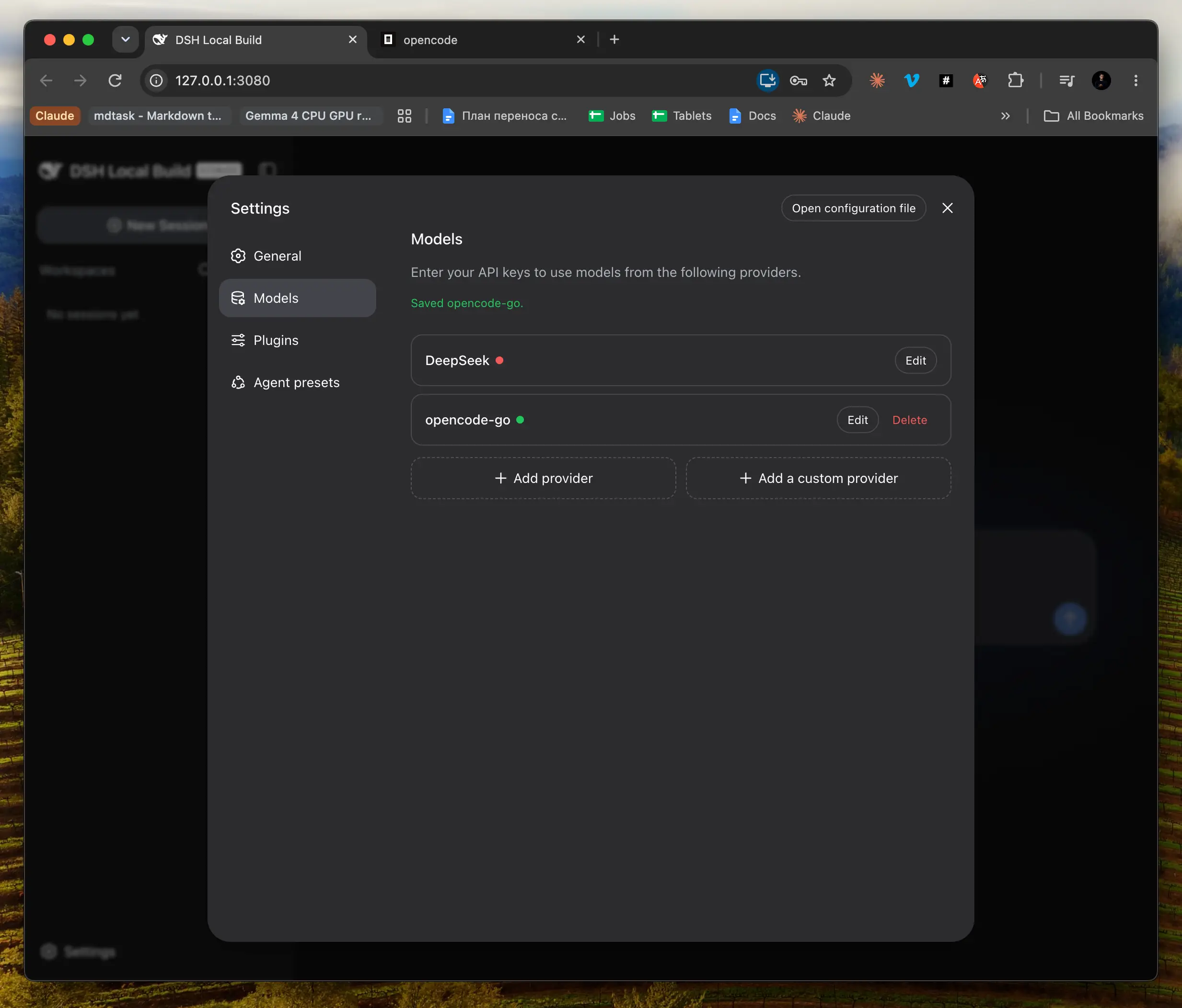 Раздел Settings → Models в Web UI dsh: список провайдеров DeepSeek и opencode-go с кнопками Edit и Delete, ниже — кнопки добавления провайдера